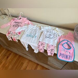 NWT 3 DADDY’S GIRL BABY GIRL Outfits Matching Sets and UNICORN BIB/Pink Blanket